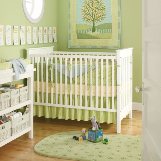 calm-sage-green-baby-nursery-decorating-ideas-with-traditional-white-wooden-cradles-on-laminate-parquet-floor